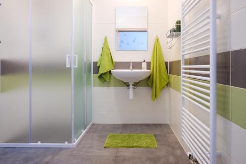 a bathroom with a sink and a shower at Apartment Zelená zahrada in Mladá Vožice