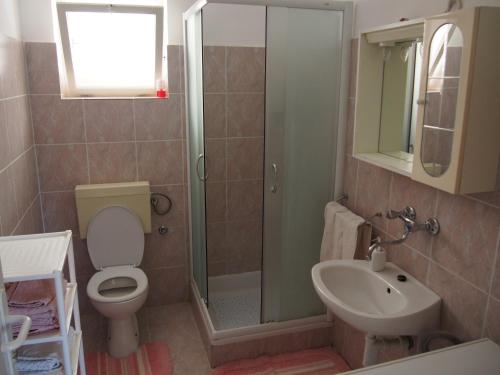 a bathroom with a shower and a toilet and a sink at Beachfront Apartment Jelsa in Jelsa