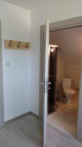 an open door to a bathroom with a toilet at Marina u Chmiela in Wołkowyja