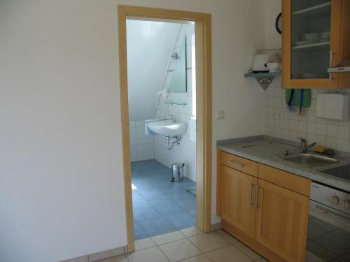 a small kitchen with a sink and a sinkessment at Ferienwohnungen Schlossblick in Muhr amSee