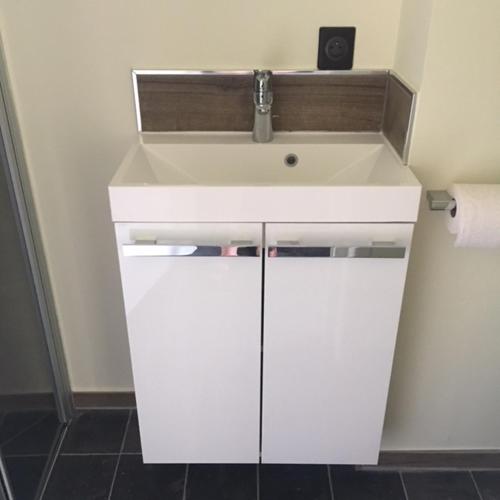 La salle de bains est pourvue d'un lavabo blanc et d'un rouleau de papier toilette. dans l'établissement Au coeur de la Flandre, à Noordpeene