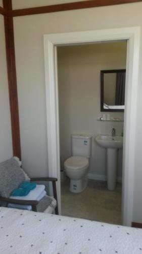 a bathroom with a toilet a sink and a mirror at St Andrews Church Vestry in Ophir