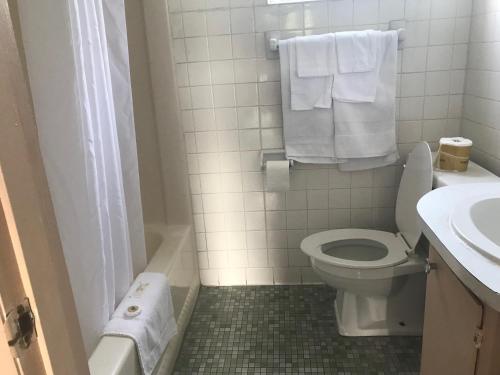 a bathroom with a toilet and a sink and towels at Redwood Inn in Gadsden