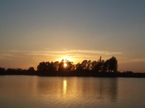 a sunset over a large body of water at Pensiunea Aurelia in Şiria