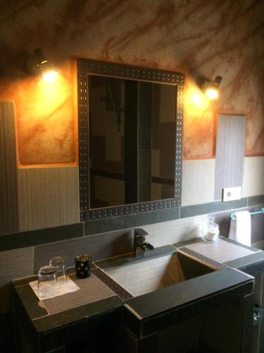 a bathroom with a sink and a large mirror at Hotel Rural La Rosa de los Tiempos in Carneros
