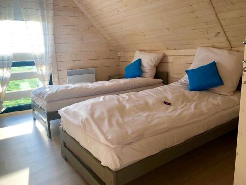 2 Betten mit blauen Kissen in einem Zimmer in der Unterkunft Sarbinówka in Sarbinowo