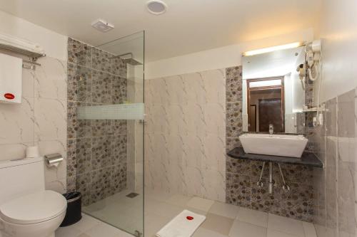 a bathroom with a toilet and a sink at Hotel Buddy in Kathmandu