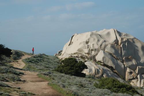 a person standing on a path next to a rock at Hotel Marinedda Thalasso & Spa in Isola Rossa