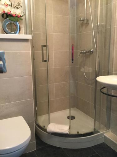 a bathroom with a shower with a toilet and a sink at Les Colonnes Strasbourg Zenith in Strasbourg