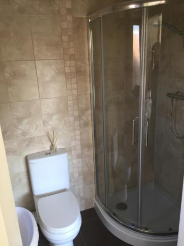 a bathroom with a toilet and a shower at Family Home in Ossett in Ossett