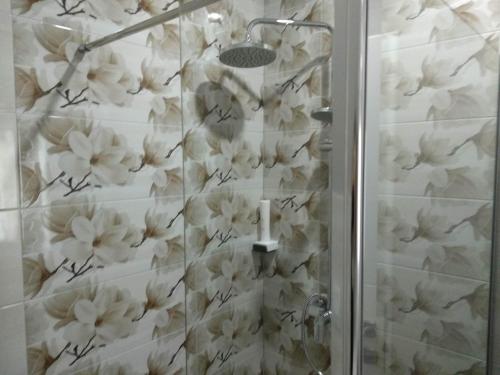 a shower with white flowers on the wall at Villa Lucija in Poljanak