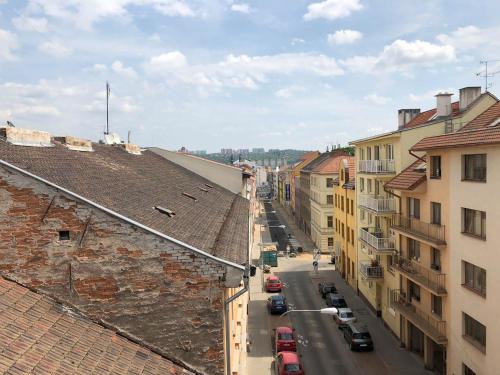 an aerial view of a city street with buildings at Apartment DOWNTOWN in Brno