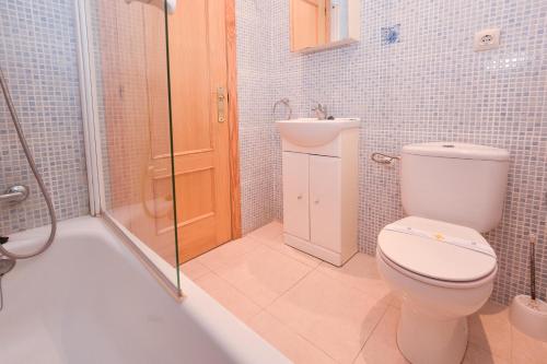 La salle de bains est pourvue de toilettes, d'une douche et d'un lavabo. dans l'établissement Apartamentos Marblau Peredamar-Julio y Agosto SOLO FAMILIAS, à Gandía