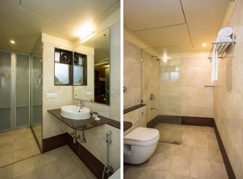two pictures of a bathroom with a toilet and a sink at Corporate Stay in Pune
