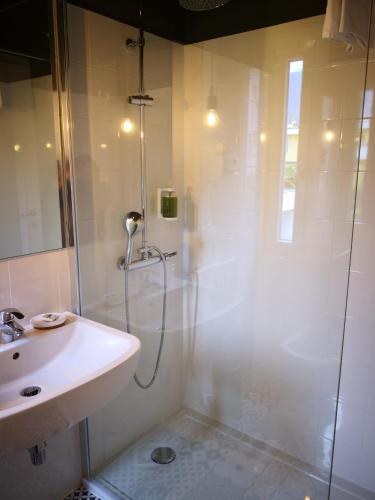 a bathroom with a shower and a sink at Hotel Villa Rina in Riva del Garda