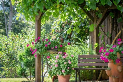 a bench in a garden with flowers and plants at Pension Zum Ebenstein am Donausteig in Untergriesbach