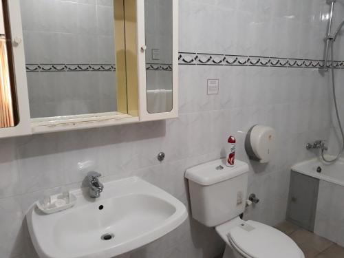 a bathroom with a white toilet and a sink at Lavender Lodge Hotel in Accra