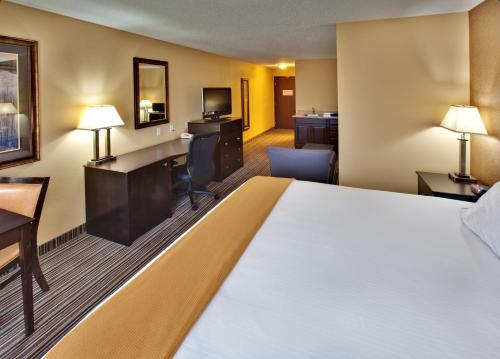 a hotel room with a large bed and a desk at Holiday Inn Express Hotel & Suites Council Bluffs - Convention Center Area by IHG in Council Bluffs