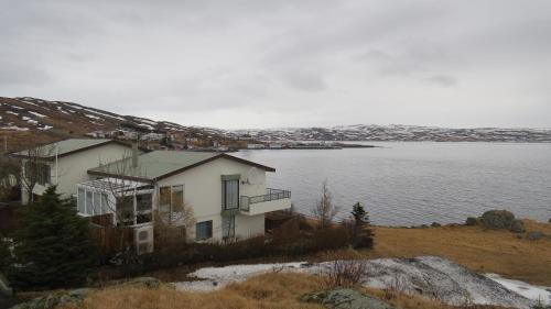 a house on a hill next to a body of water at Beautiful house just 50 m from the sea in Hólmavík