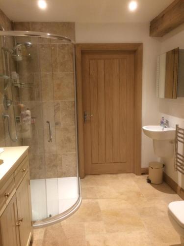 a bathroom with a shower and a toilet and a sink at Oak Lodge in Tavistock
