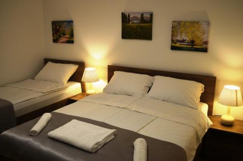 1 dormitorio con 2 camas y 2 lámparas y cuadros en la pared en Apartment Abia, en Bihać