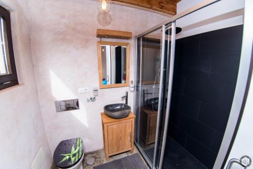 baño pequeño con ducha y lavamanos en Tayu Eco Villa, en Villaverde