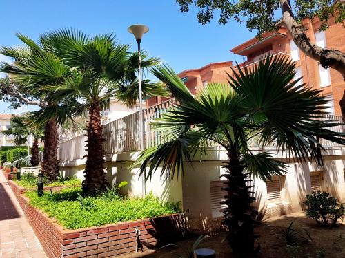 two palm trees in front of a building at Comarruga Playa apartamento con piscina in Comarruga