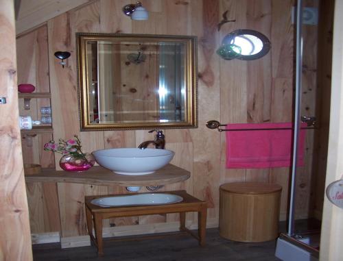 une salle de bain avec un lavabo et un miroir dans l'établissement La Roulotte de la Vallée du Lot, à Le Temple-sur-Lot