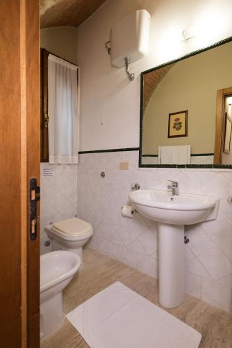 a bathroom with a sink and a toilet and a mirror at Tenuta Decimo - Villa Dini in San Gimignano