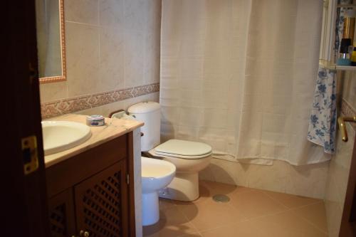 La salle de bains est pourvue de toilettes, d'un lavabo et d'une douche. dans l'établissement Ático Atlanterra Donkey, à Zahara de los Atunes