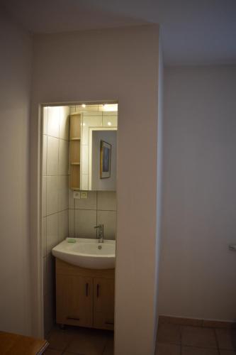 La salle de bains est pourvue d'un lavabo et d'un miroir. dans l'établissement La Métairie du Moulin de Meusnes, à Meusnes