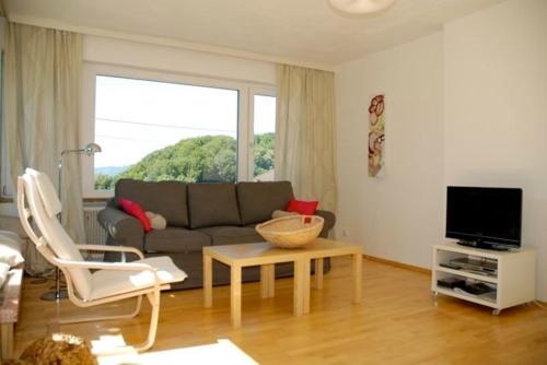 ein Wohnzimmer mit einem Sofa und einem Tisch in der Unterkunft Apartment Sternentor in Engerwitzdorf