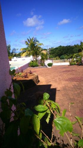 a brick patio with a table and some plants at Villa Victoria in Trou dʼ Eau Douce