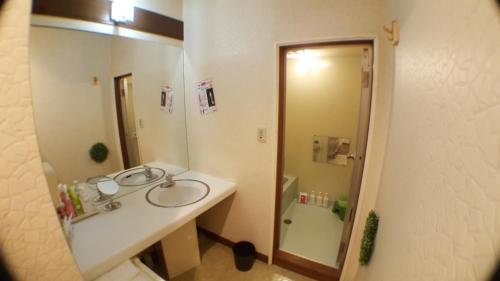 a bathroom with a sink and a mirror and a toilet at Hotel Vegas (Adult Only) in Sapporo