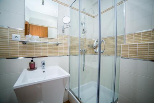 斯維尤拉伊的住宿－Porto Romantico 1，一间带玻璃淋浴和水槽的浴室