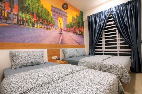 a bedroom with two beds and a painting of a street at H2H - Nichole Maison - Majestic Ipoh in Ipoh