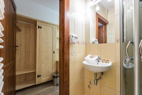 a bathroom with a sink and a shower at Willa Baciarka-basen, sauny i jacuzzi in Kościelisko