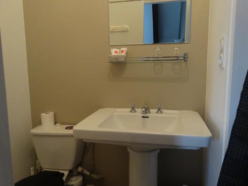 a bathroom with a sink and a toilet and a mirror at Chambres d'Hôtes de la Ferme Auberge de Mésauboin in Billé