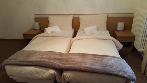 two twin beds in a room with two lamps at Residence Hotel Montechiara in Baselga di Pinè