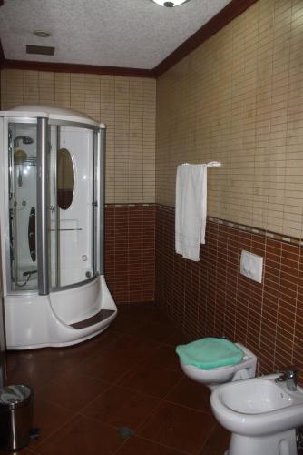 a bathroom with a shower and a toilet and a sink at Hotel Bar Restaurant America in Kukës