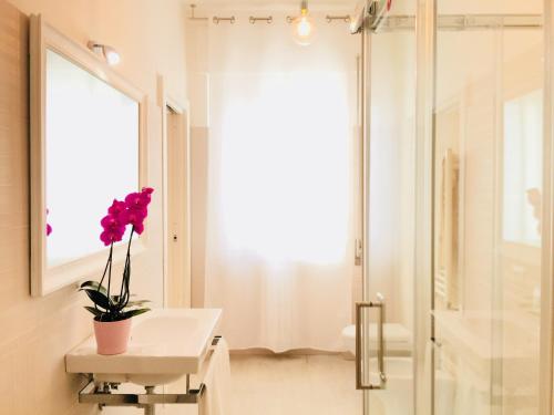 a bathroom with a sink and a shower with a potted plant at Flowers Sweet Rooms B&B in Vasto