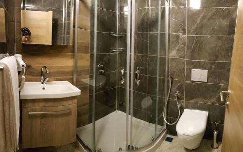 a bathroom with a shower and a toilet and a sink at Etap Uzungöl Suite Hotel in Uzungöl