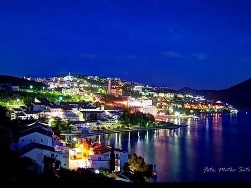 a view of a city at night with the water at Apartment Feral in Neum