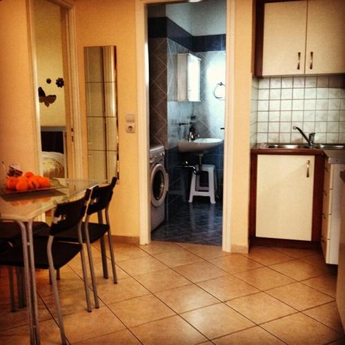 a kitchen with a table and a sink and a washing machine at Sunday Apartments in Nafplio