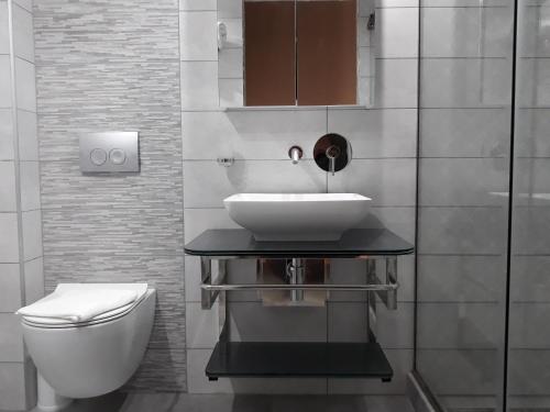 Meltemi Villa في خْريسيا أموذيا: حمام مع حوض ومرحاض
