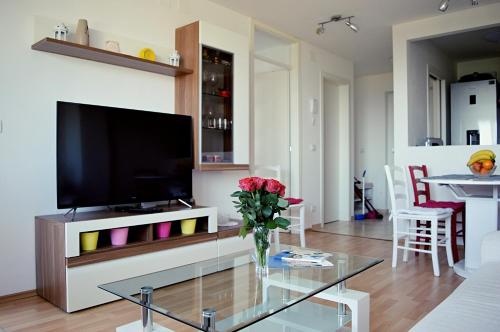 - un salon avec une télévision et une table en verre dans l'établissement Apartman Andrijana Lovran, à Lovran
