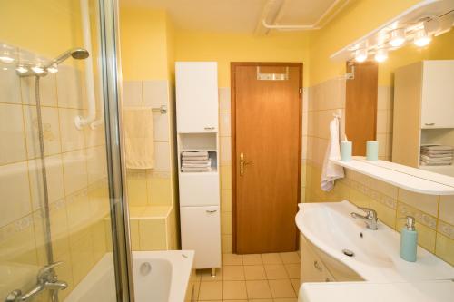 a bathroom with a glass shower and a sink at Apartma Pr Gatej in Bohinj
