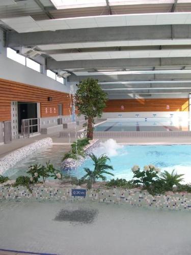 une grande piscine intérieure dans un immeuble dans l'établissement P'ty gîte de Bréharadec, à Goulien
