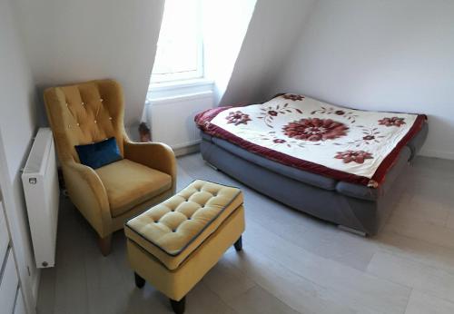 ギジツコにあるApartament przy Ekomarinieのベッドルーム1室(ベッド1台、椅子1脚、オットマン付)