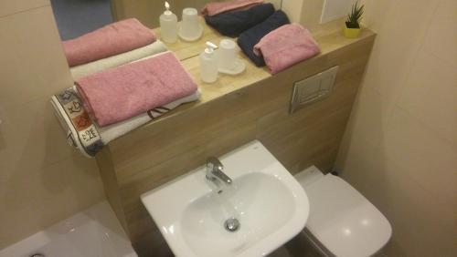 een badkamer met een wastafel en een toilet met handdoeken bij Apartament Zacisze 2 big 4U in Częstochowa